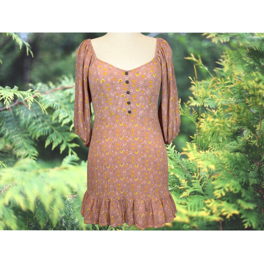 Floral Mini Dress Medium Dusty Rose Puff Sleeves Smocked Back Ruffle Hem Boho